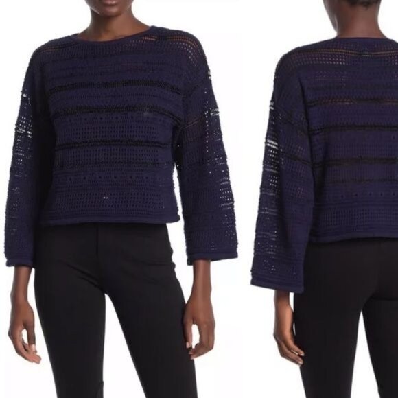 Cotton Emporium Pointelle Boat Neck Sweater Size Large Navy Long Sleeve Sz L New - Picture 8 of 8